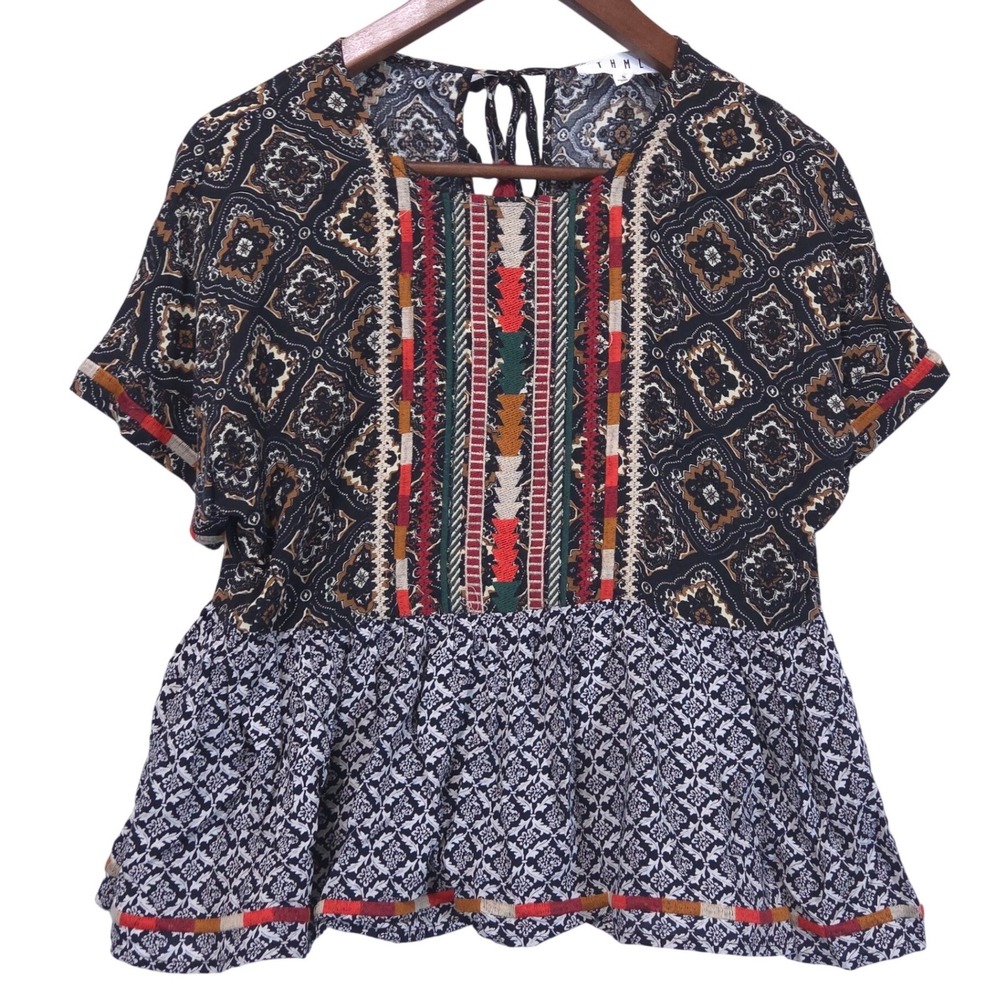 THML Embroidered Mixed Print‎ Peplum Top Womens S Black Tassel Back Boho Artsy